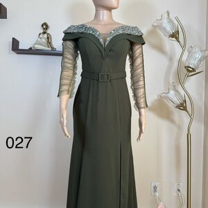 Elegant Olive Off-Shoulder Evening Dress with Sheer Sleeves
